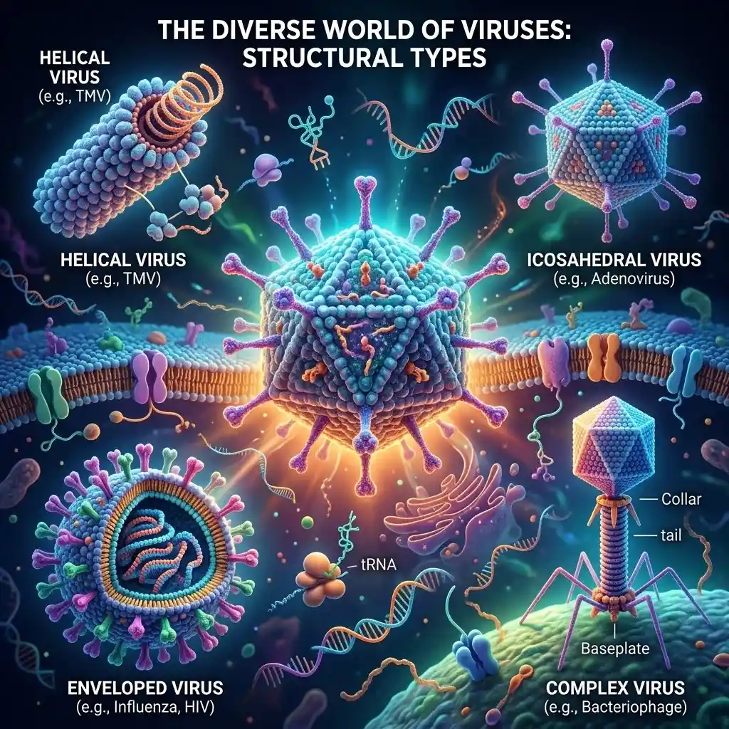 Illustration showing different types of viruses including enveloped virus, bacteriophage, and helical and icosahedral virus structures with labeled parts such as capsid, nucleic acid, and envelope.