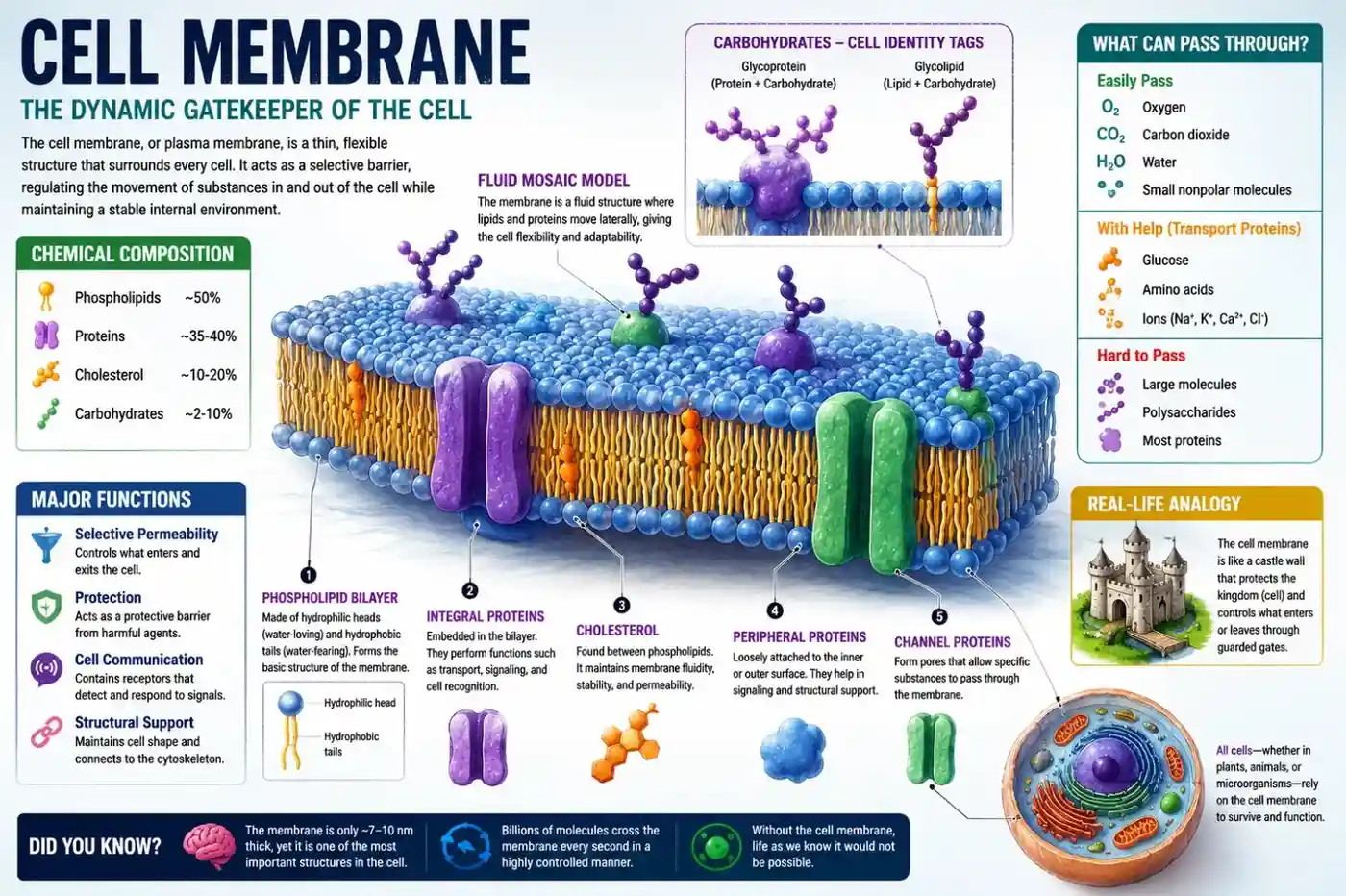 Detailed educational infographic of the cell membrane showing the phospholipid bilayer, proteins, cholesterol, carbohydrates, and selective permeability with colorful labeled scientific illustrations.