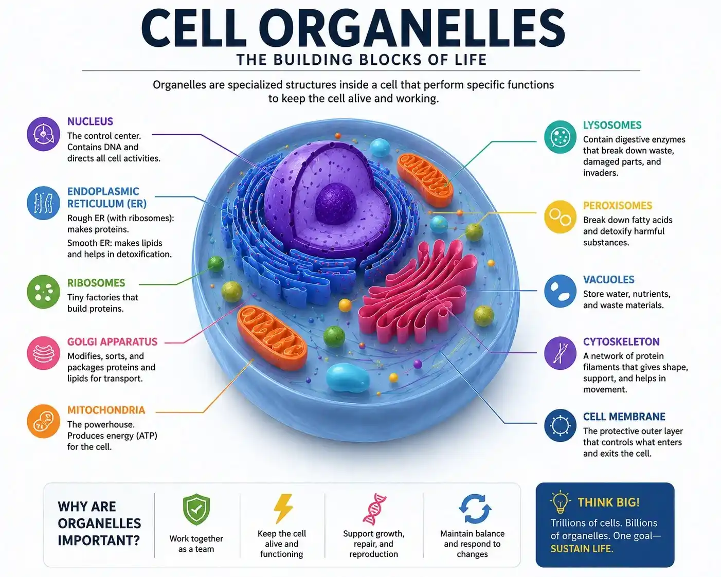 Colorful educational infographic of cell organelles showing a 3D animal cell with labeled structures including the nucleus, mitochondria, Golgi apparatus, ribosomes, endoplasmic reticulum, lysosomes, vacuoles, cytoskeleton, and cell membrane.