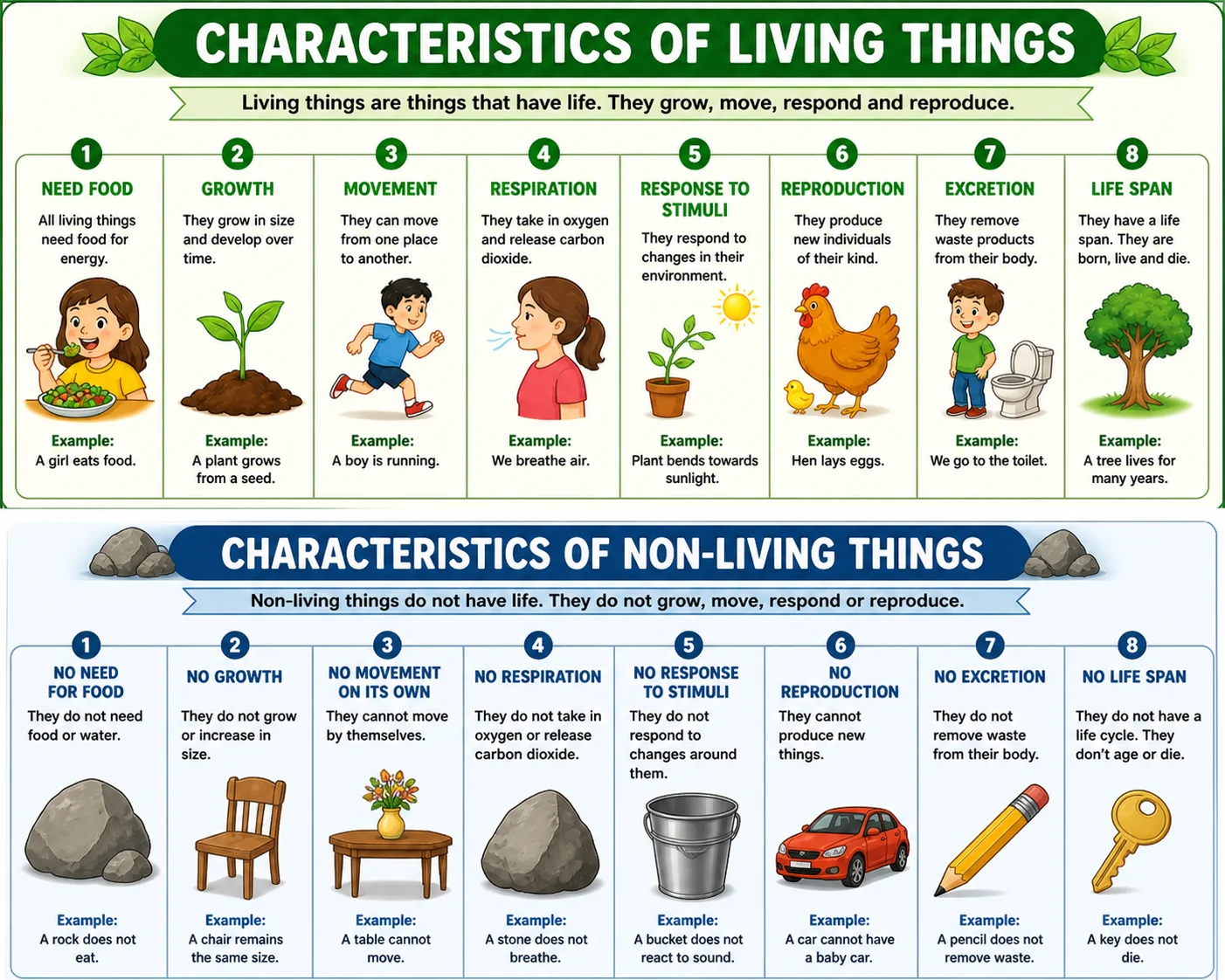 Creative infographic of living vs non-living things showing nature side with animals and plants and industrial side with objects like car, chair, and factory