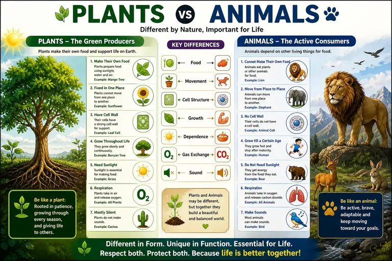 Colorful split infographic showing scientific differences between plants and animals with labeled features like photosynthesis, movement, cell structure, and nutrition