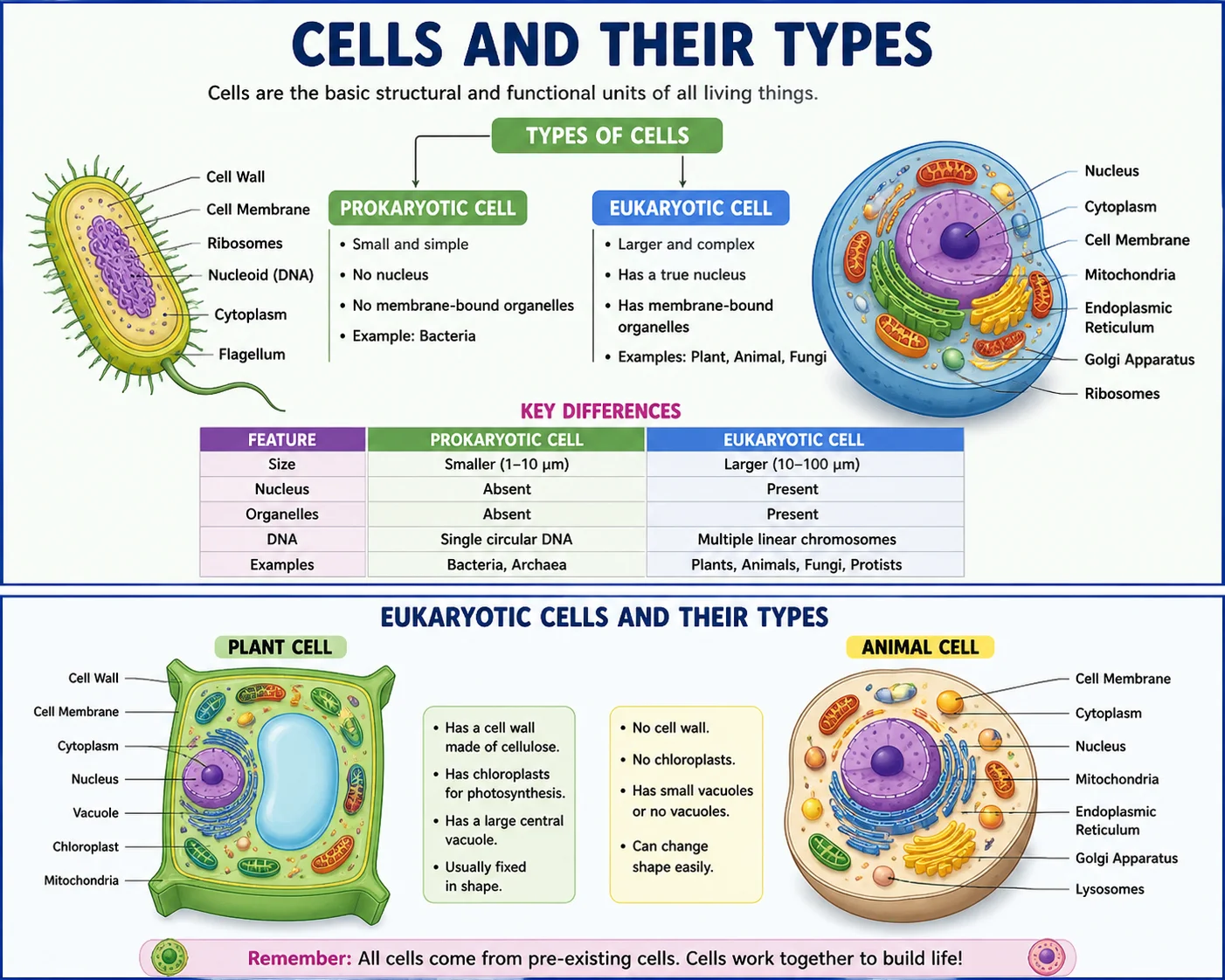 Colorful infographic of cells and their types showing prokaryotic and eukaryotic cells with labeled plant and animal cell structures