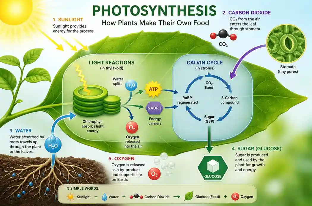 Detailed diagram of photosynthesis showing sunlight, water, carbon dioxide, light reactions, Calvin cycle, glucose production, and oxygen release in a leaf