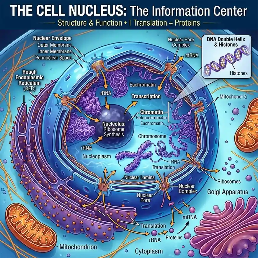 Labeled diagram of a eukaryotic cell nucleus showing nuclear envelope, nucleolus, chromatin, and nuclear pores.