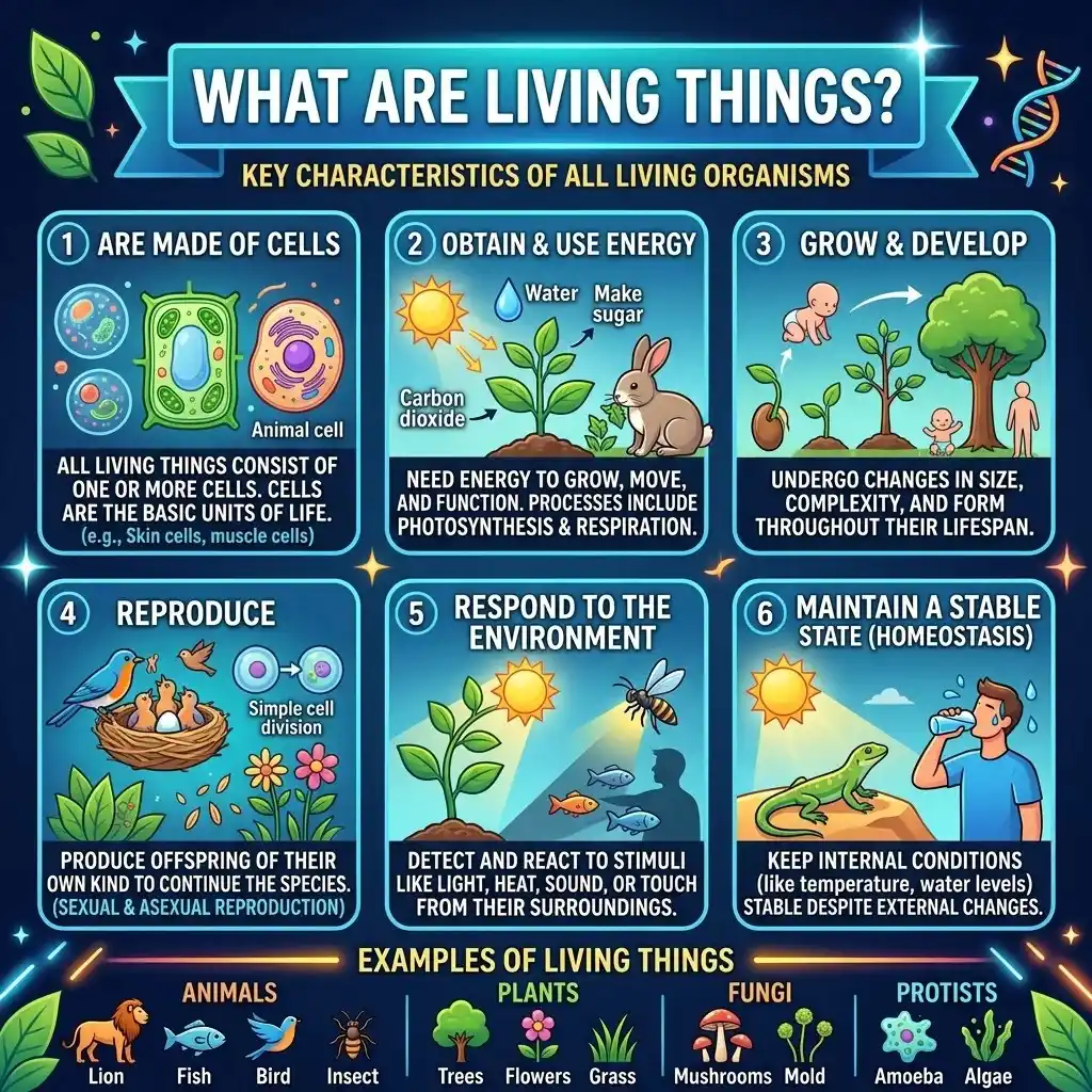 Colorful educational diagram showing examples of living things including humans, animals, plants, and microorganisms with labels explaining characteristics of life.